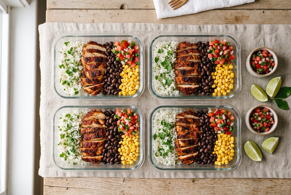 Four glass meal prep containers of chicken burrito bowls with cilantro-lime rice, black beans, corn and pico de gallo, overhead on a linen cloth