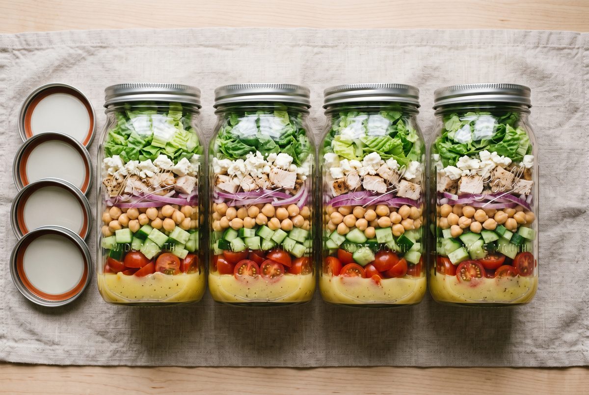 Four tall mason jars layered with lemon dressing, chickpeas, cucumber, cherry tomatoes, feta, chicken and romaine, lined up on a linen cloth