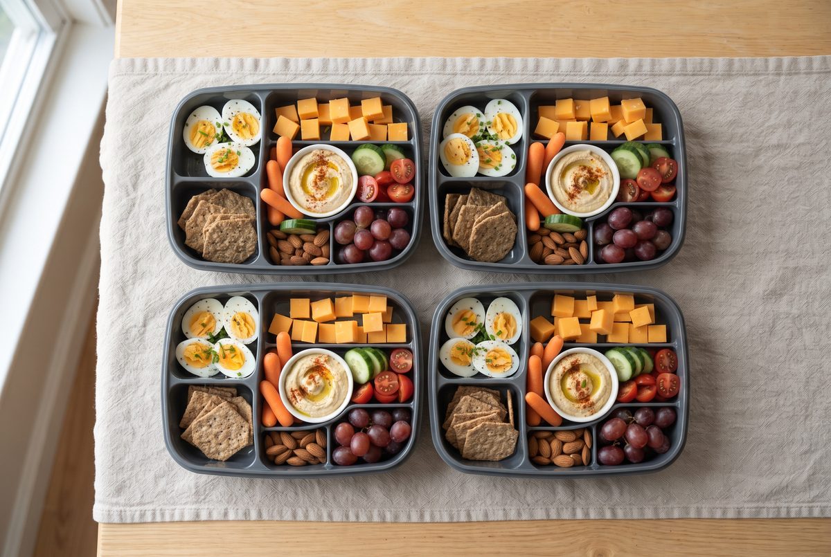 Four bento-style boxes filled with halved hard-boiled eggs, cheddar cubes, hummus, baby carrots, cucumber, grapes, almonds and crackers, overhead on a linen cloth