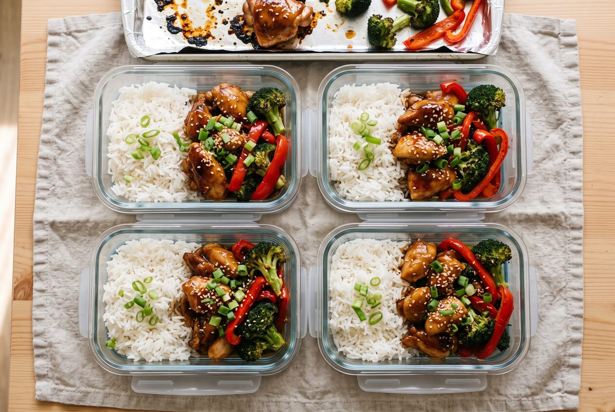 Four glass meal prep containers with honey garlic chicken, roasted broccoli, red bell peppers and white rice, overhead on a wooden table beside a sheet pan